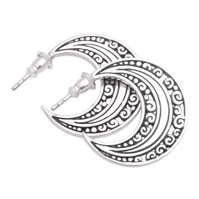 Sterling silver half-hoop earrings, 'Curling Crescents' - Sterling Silver Crescent Half-Hoop Earrings from Bali