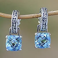 Blue topaz dangle earrings, Buddha Hoops