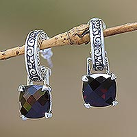 Garnet dangle earrings, 'Buddha Hoops'