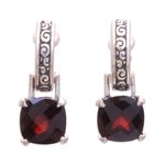Garnet dangle earrings, 'Buddha Hoops' - Garnet and Sterling Silver Dangle Earrings from Bali