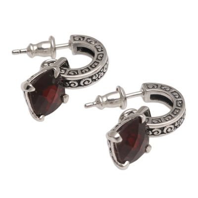 Garnet dangle earrings, 'Buddha Hoops' - Garnet and Sterling Silver Dangle Earrings from Bali