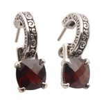 Garnet dangle earrings, 'Buddha Hoops' - Garnet and Sterling Silver Dangle Earrings from Bali
