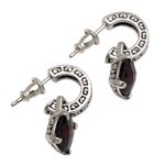 Garnet dangle earrings, 'Buddha Hoops' - Garnet and Sterling Silver Dangle Earrings from Bali