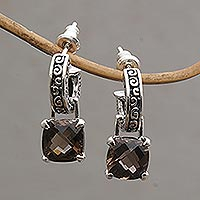 Smoky quartz dangle earrings, 'Buddha Hoops'