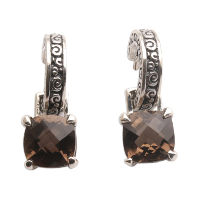 Smoky quartz dangle earrings, 'Buddha Hoops' - Smoky Quartz and Sterling Silver Dangle Earrings from Bali