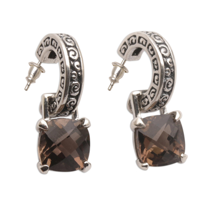 Smoky quartz dangle earrings, 'Buddha Hoops' - Smoky Quartz and Sterling Silver Dangle Earrings from Bali