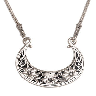 Sterling silver pendant necklace, 'Eden Crescent' - Floral Sterling Silver Crescent Necklace from Bali