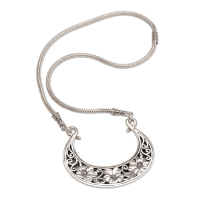 Sterling silver pendant necklace, 'Eden Crescent' - Floral Sterling Silver Crescent Necklace from Bali