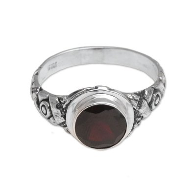 Garnet single stone ring, 'Bamboo Thatch' - Garnet and Silver Bamboo Single Stone Ring from Bali