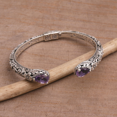 Amethyst cuff bracelet, 'Transcendent Forest' - Floral Amethyst and Silver Cuff Bracelet from Bali