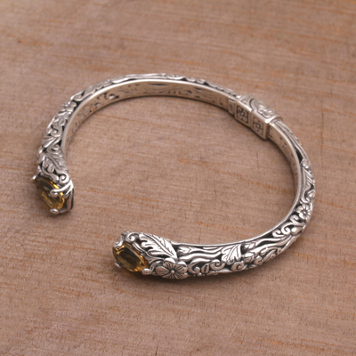 Citrine cuff bracelet, 'Transcendent Forest' - Floral Citrine and Silver Cuff Bracelet from Bali