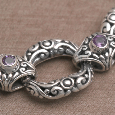 Amethyst link bracelet, 'Garden Chain' - Amethyst and Sterling Silver Link Bracelet from Bali