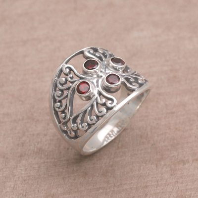 Garnet cocktail ring, 'Vine Queen' - Garnet and Sterling Silver Cocktail Ring from Bali