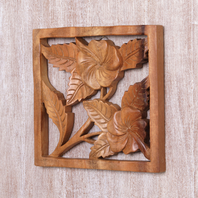 Wood relief panel, 'Hibiscus Window' - Handmade Square Floral Suar Wood Relief Panel from Bali