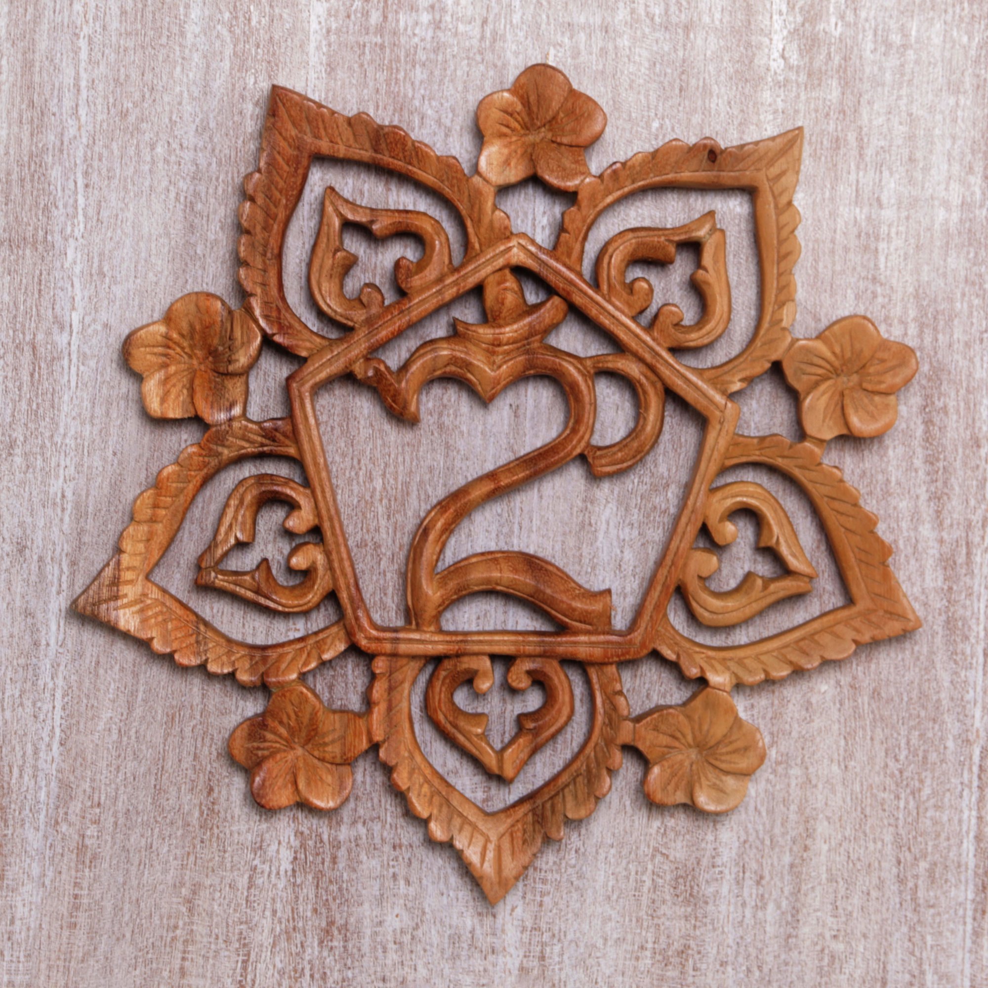 Brown Om Petals NOVICA Floral Om Meditation Wood Relief Wall Sculpture