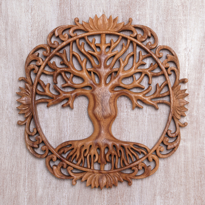Holzreliefplatte 'Mutterbaum' - Balinesische Relieftafel aus Suarholz mit blumigen Baum-Motiven