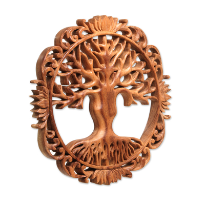Holzreliefplatte 'Mutterbaum' - Balinesische Relieftafel aus Suarholz mit blumigen Baum-Motiven