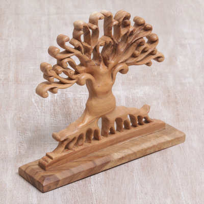 NOVICA Brown Leaf and Tree Wood Sculpture Courage Grows'