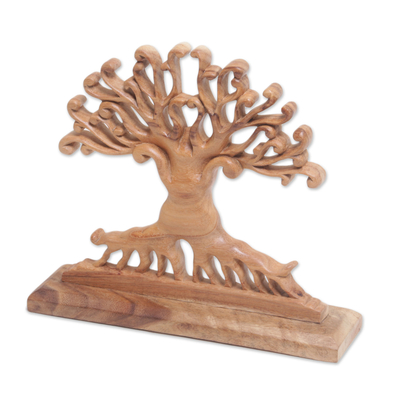 NOVICA Brown Leaf and Tree Wood Sculpture Courage Grows'
