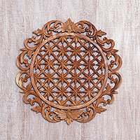 Wood relief panel, 'Starry Pond' - Handcrafted Suar Wood Floral Relief Panel from Bali