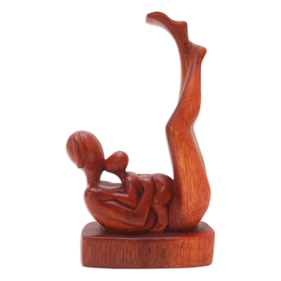 Wood sculpture, 'Joyous Mother' - Handcrafted Suar Wood Mother and Child Sculpture from Bali