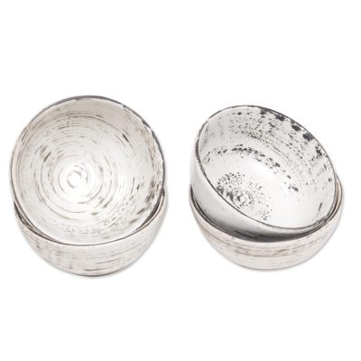 Ceramic dessert bowls, 'Rustic Table' (set of 4) - Set of 4 Black and White Ceramic Dessert Bowls from Bali