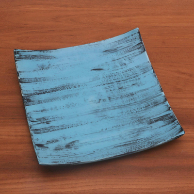Ceramic platter, 'Daydreams in Blue' - Handcrafted Blue and Black Ceramic Platter from Bali