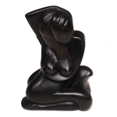 Wood sculpture, 'Temptation in Black' - Black Wood Sculpture of Lovers Entwined in an Embrace