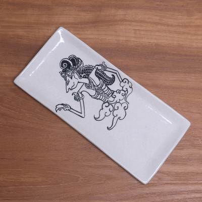 Ceramic serving plate, 'Krishna on a Cloud' - Ceramic Serving Plate with Hindu Designs from Bali