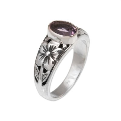 Amethyst single stone ring, 'Petal Treasure' - Floral Purple Amethyst Single Stone Ring from Bali