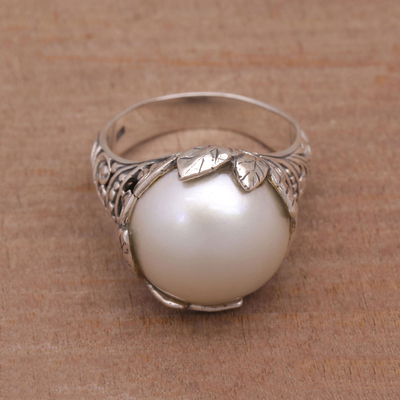 Cultured mabe pearl cocktail ring, 'Moonlight Bloom in White' - White Cultured Pearl Cocktail Ring from Bali