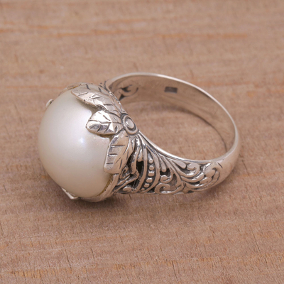 Cultured mabe pearl cocktail ring, 'Moonlight Bloom in White' - White Cultured Pearl Cocktail Ring from Bali