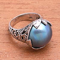 Cultured mabe pearl cocktail ring, Moonlight Bloom in Purple