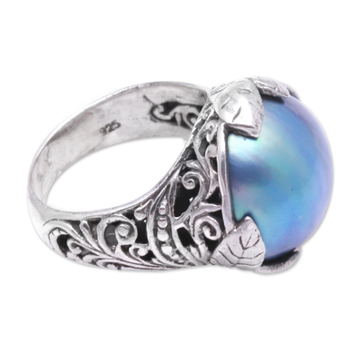 Cultured mabe pearl cocktail ring, 'Moonlight Bloom in Purple' - Purple Cultured Pearl Cocktail Ring from Bali
