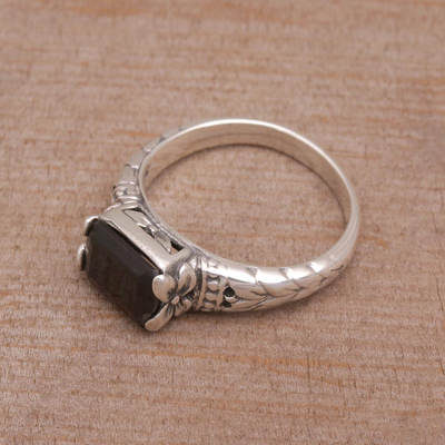 Garnet single stone ring, 'Padang Galak Beauty' - Garnet and Silver Floral Single Stone Ring from Bali