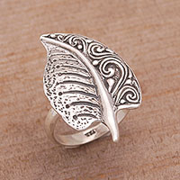 Sterling silver cocktail ring, 'Two-Sided' - Sterling Silver Leaf Cocktail Ring from Bali