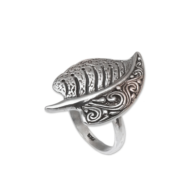 Sterling silver cocktail ring, 'Two-Sided' - Sterling Silver Leaf Cocktail Ring from Bali