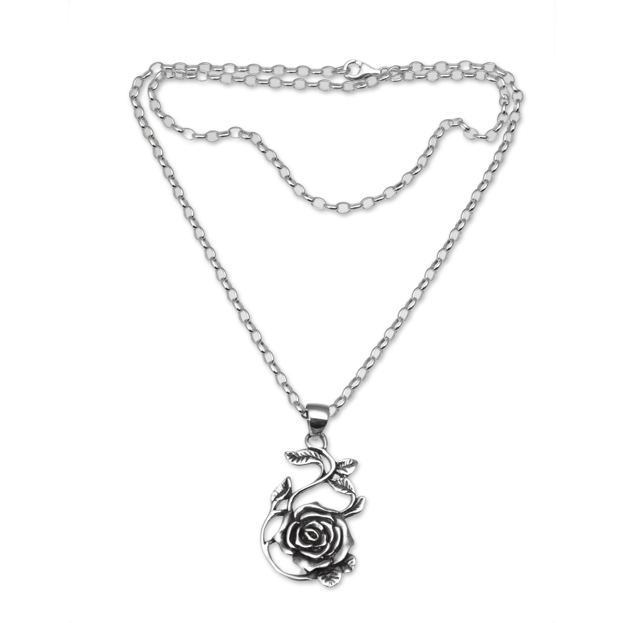 Sterling Silver Rose Pendant Necklace from Bali Thorny Rose NOVICA