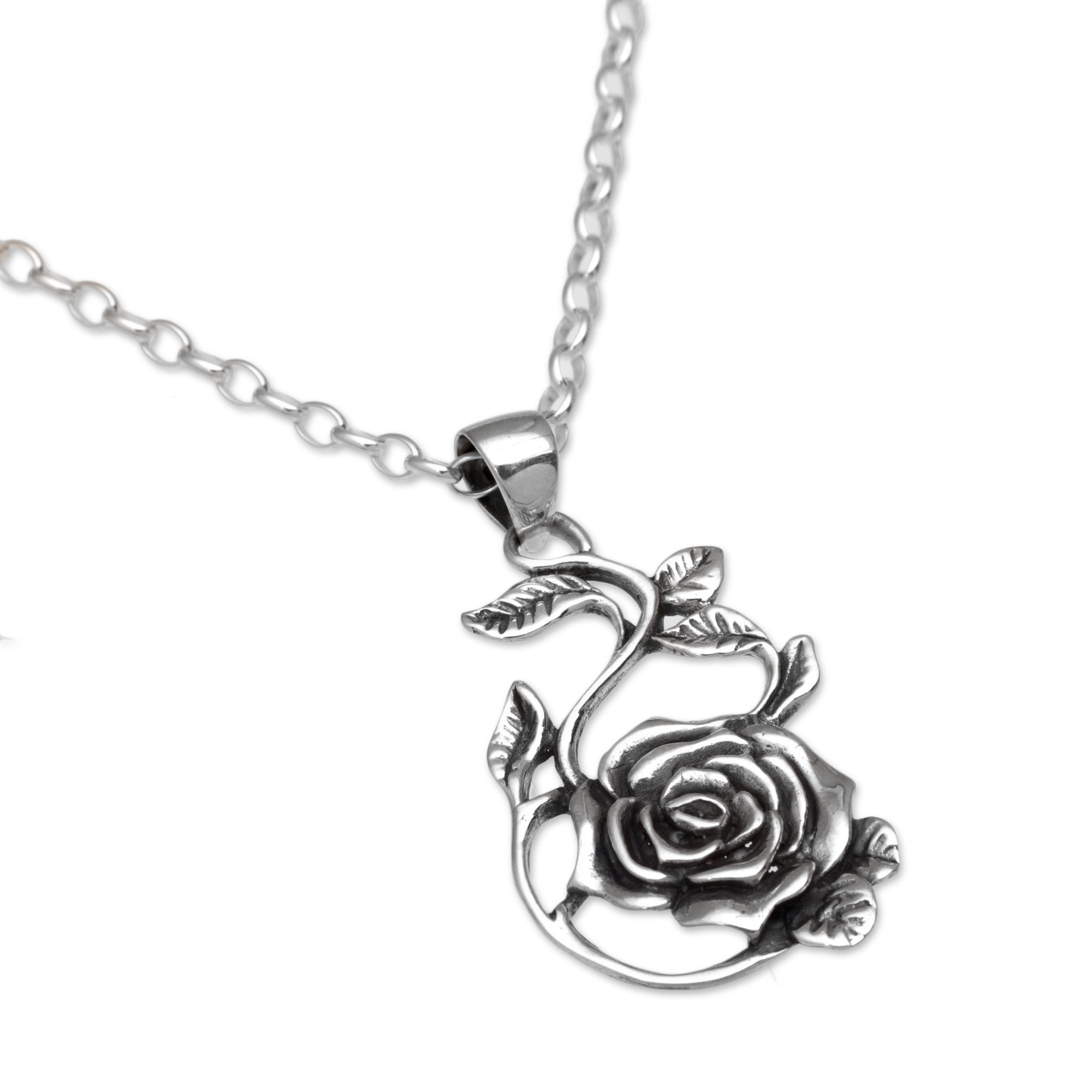 Sterling Silver Rose Pendant Necklace from Bali Thorny Rose NOVICA