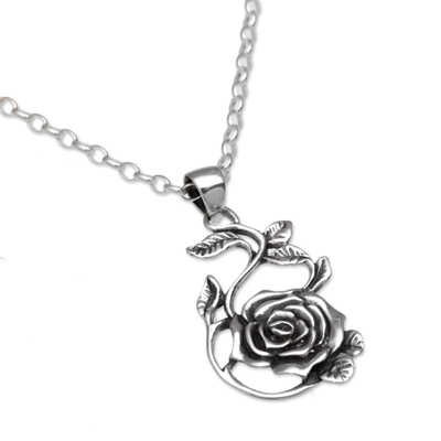 Sterling silver pendant necklace, 'Thorny Rose' - Sterling Silver Rose Pendant Necklace from Bali