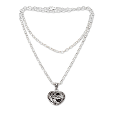 Sterling silver pendant necklace, 'Embraced by Love' - Sterling Silver Openwork Heart Necklace from Bali