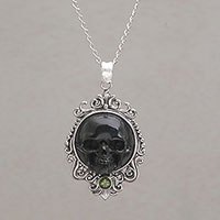 Peridot pendant necklace, 'Skull Stare in Black'