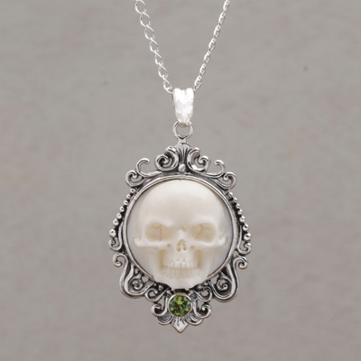 Peridot pendant necklace, Skull Stare in White