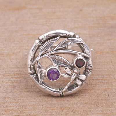 Amethyst and garnet cocktail ring, 'Dragonfly Portal' - Hand Made Sterling Silver Garnet and Amethyst Ring from Bali