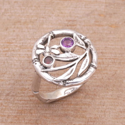 Amethyst and garnet cocktail ring, 'Dragonfly Portal' - Hand Made Sterling Silver Garnet and Amethyst Ring from Bali