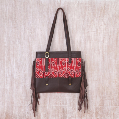 Leather and cotton ikat shoulder bag, 'Jepara Primitive' - Fringed Brown Leather and Cotton Ikat Handbag