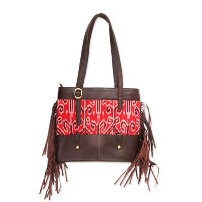 Fringed Brown Leather and Cotton Ikat Handbag