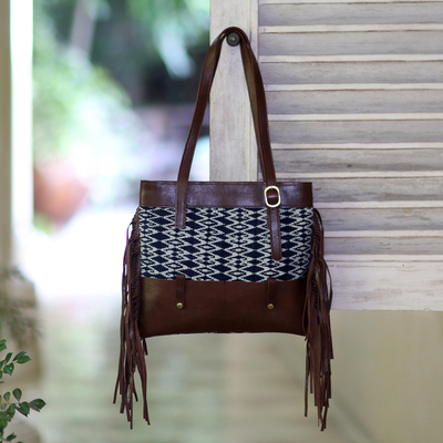 Leather and cotton ikat shoulder bag, 'Jepara Primitive' - Fringed Brown Leather and Cotton Ikat Handbag