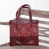 Leather and cotton ikat shoulder bag, 'Jepara Tradition' - Wine and Red Ikat Print Shoulder Bag from Java