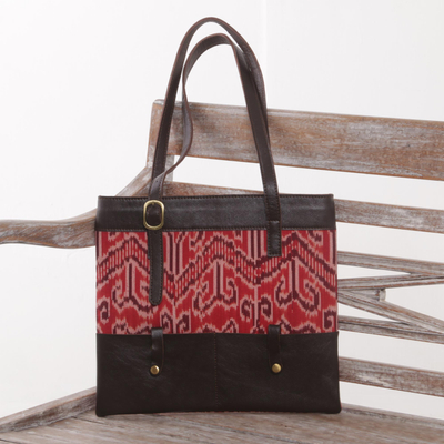 Leather and cotton ikat shoulder bag, 'Jepara Tradition' - Hand Woven Cotton and Leather Shoulder Bag from Java